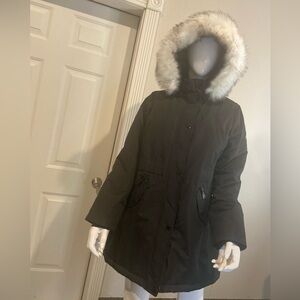 HFX~Cozy & Stylish~Black Polyester~Mid-Length~Faux Fur Hooded~Parka Coat~Size L